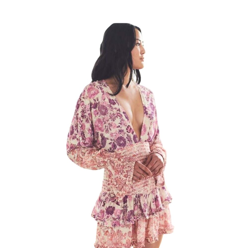 HEMANT AND NANDITA Suki Plunging Long Sleeve Tiered Smocked Mini Dress LG